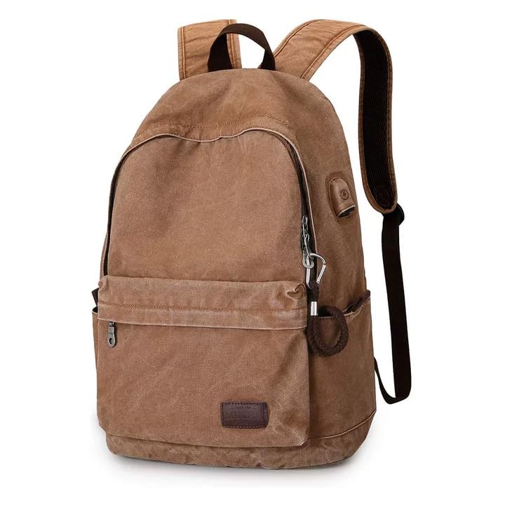 Muzee Muzze Canvas Backpack for Women and Men, Lightweight Classic Laptop Backpack with USB Charging Port for School, Travel and Daily Use, Khaki - Image 1